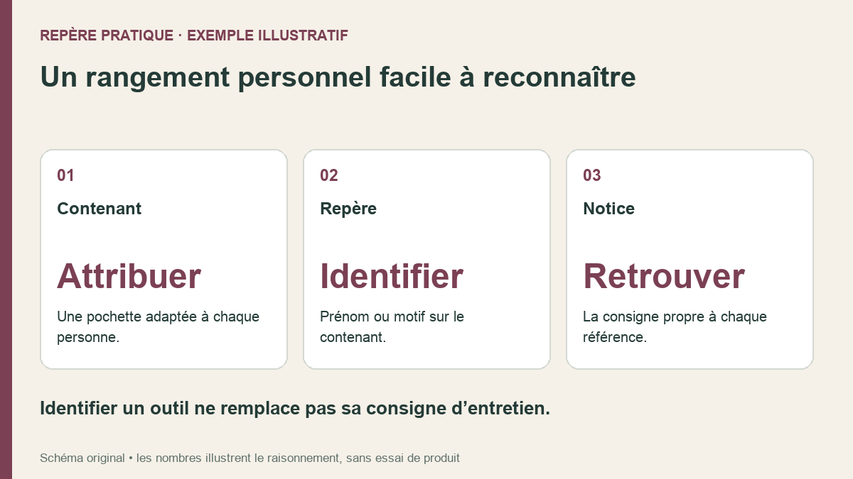 Un rangement personnel facile à reconnaître. Contenant : Une pochette adaptée à chaque personne.; Repère : Prénom ou motif sur le contenant.; Notice : La consigne propre à chaque référence.